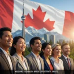 Diverse group of hopeful immigrants in front of Canadian landmarks