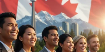 Diverse group of hopeful immigrants in front of Canadian landmarks