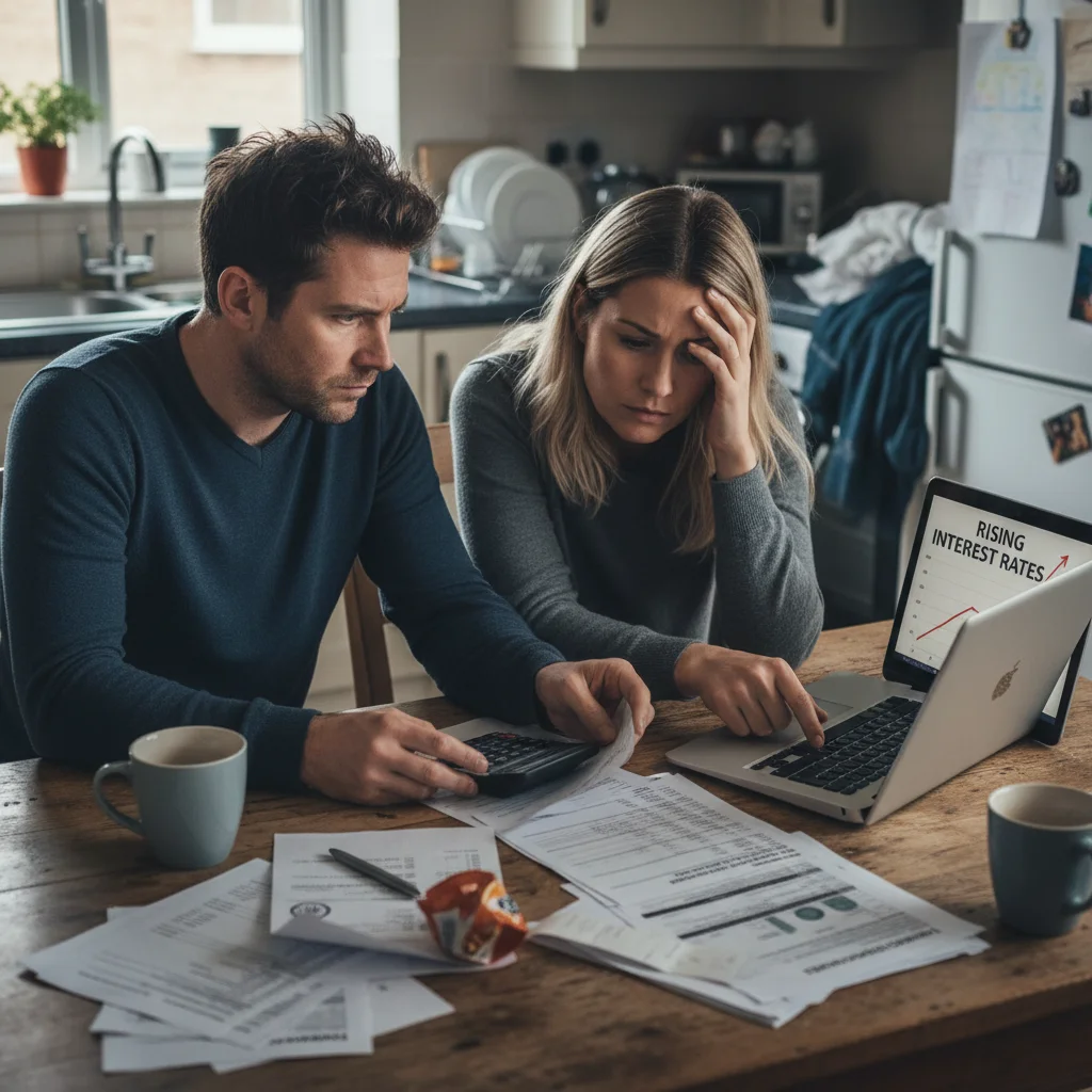 Couple reviewing mortgage documents at home, concerned about rising interest rates and household finances.