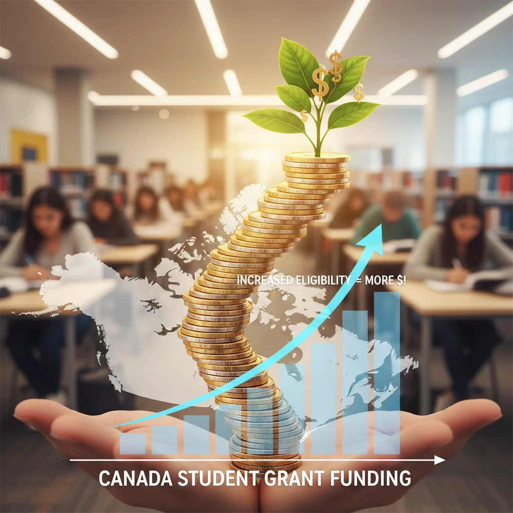 Stack of Canadian coins and a rising graph, symbolizing increased Canada Student Grant funding and financial opportunity.