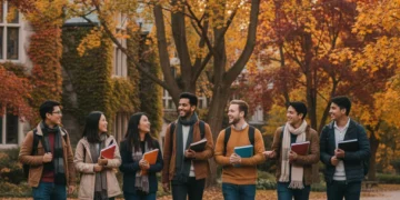 Diverse international students smiling on a Canadian university campus in autumn.
