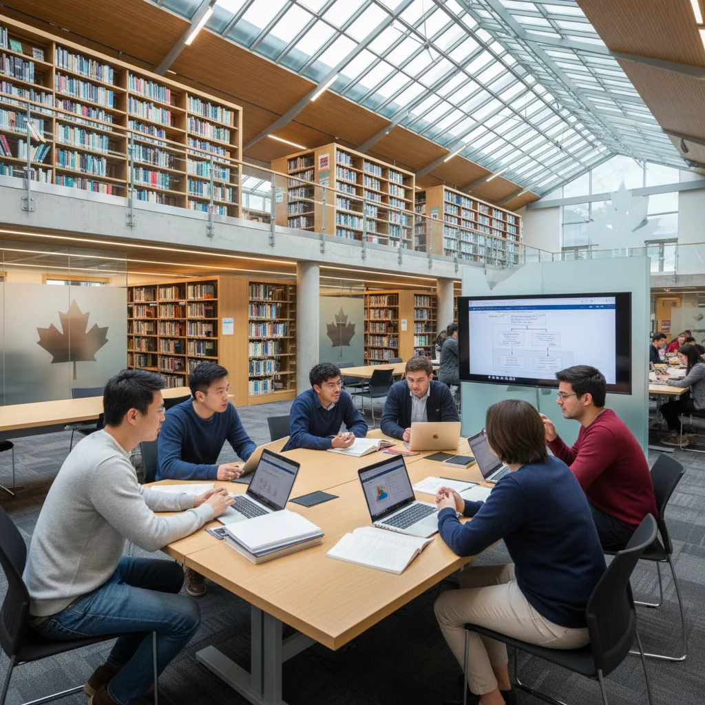 Diverse international students collaborating in a Canadian university library.