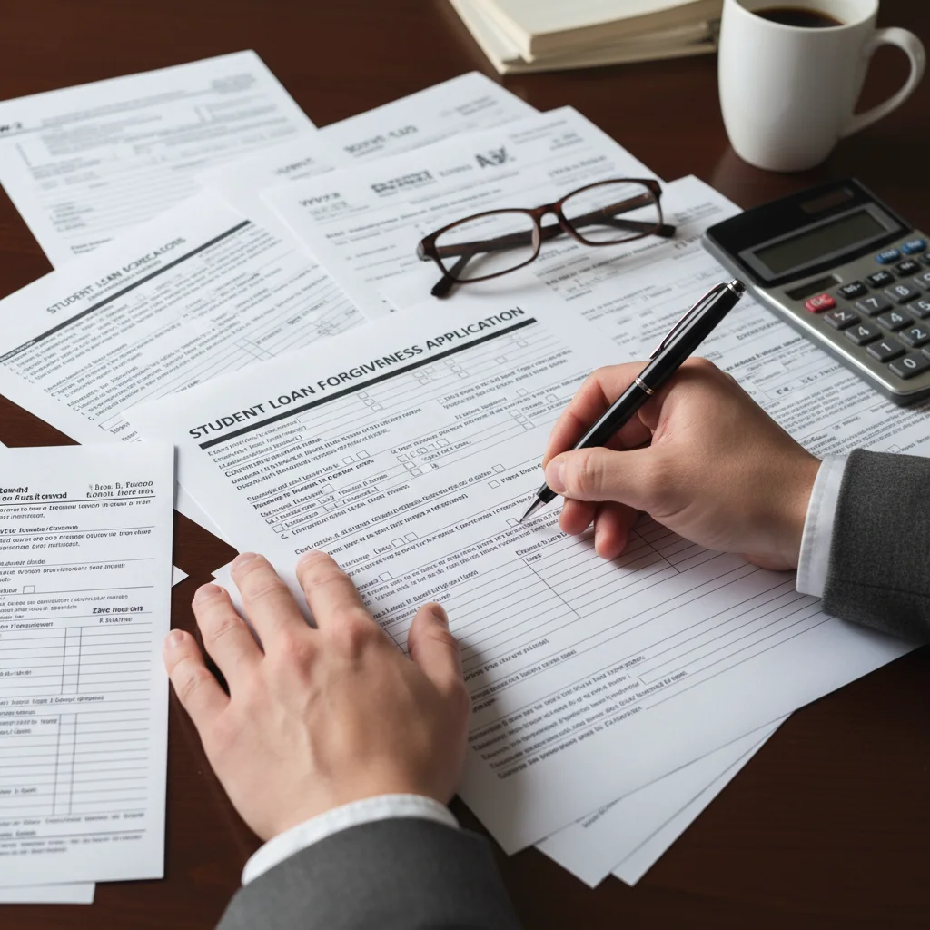 Person meticulously filling out a student loan forgiveness application form.
