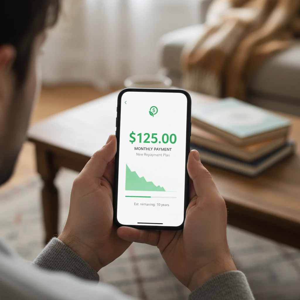 Hands holding smartphone showing lower student loan payment