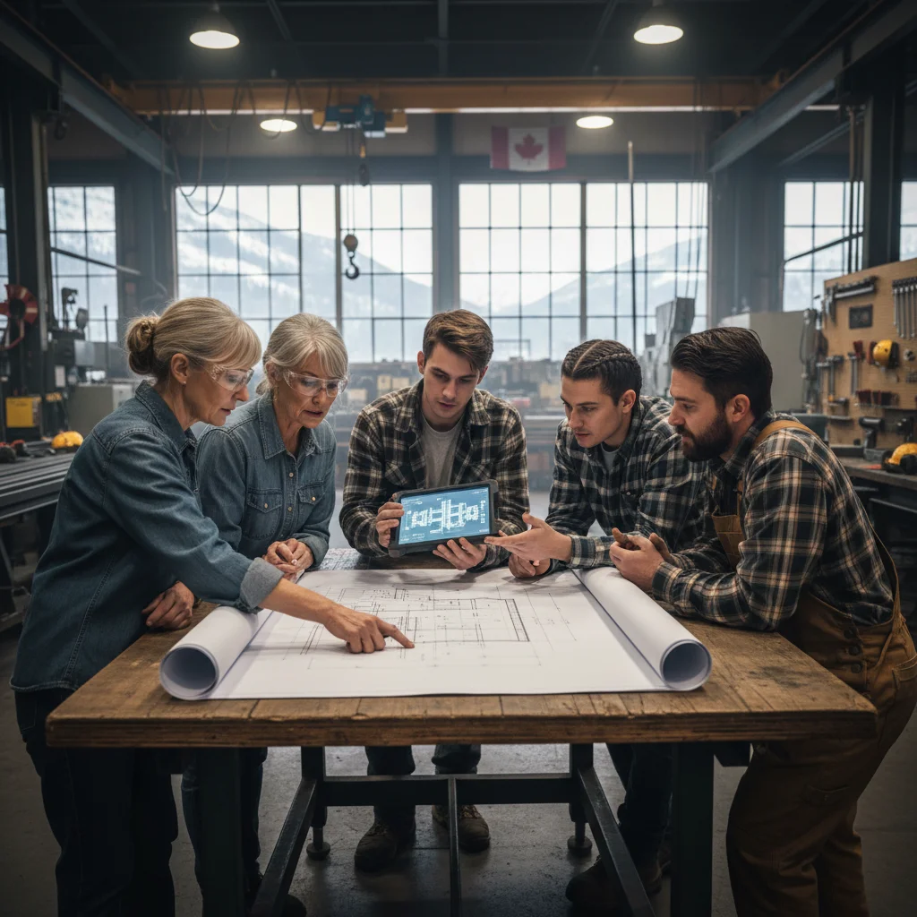 Multi-generational team discussing plans, highlighting mentorship in Canadian trades.