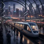 Modern public transit train arriving at a busy city station at dusk.
