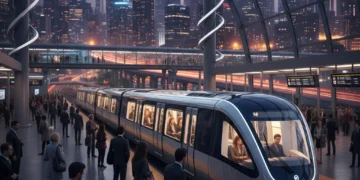 Modern public transit train arriving at a busy city station at dusk.