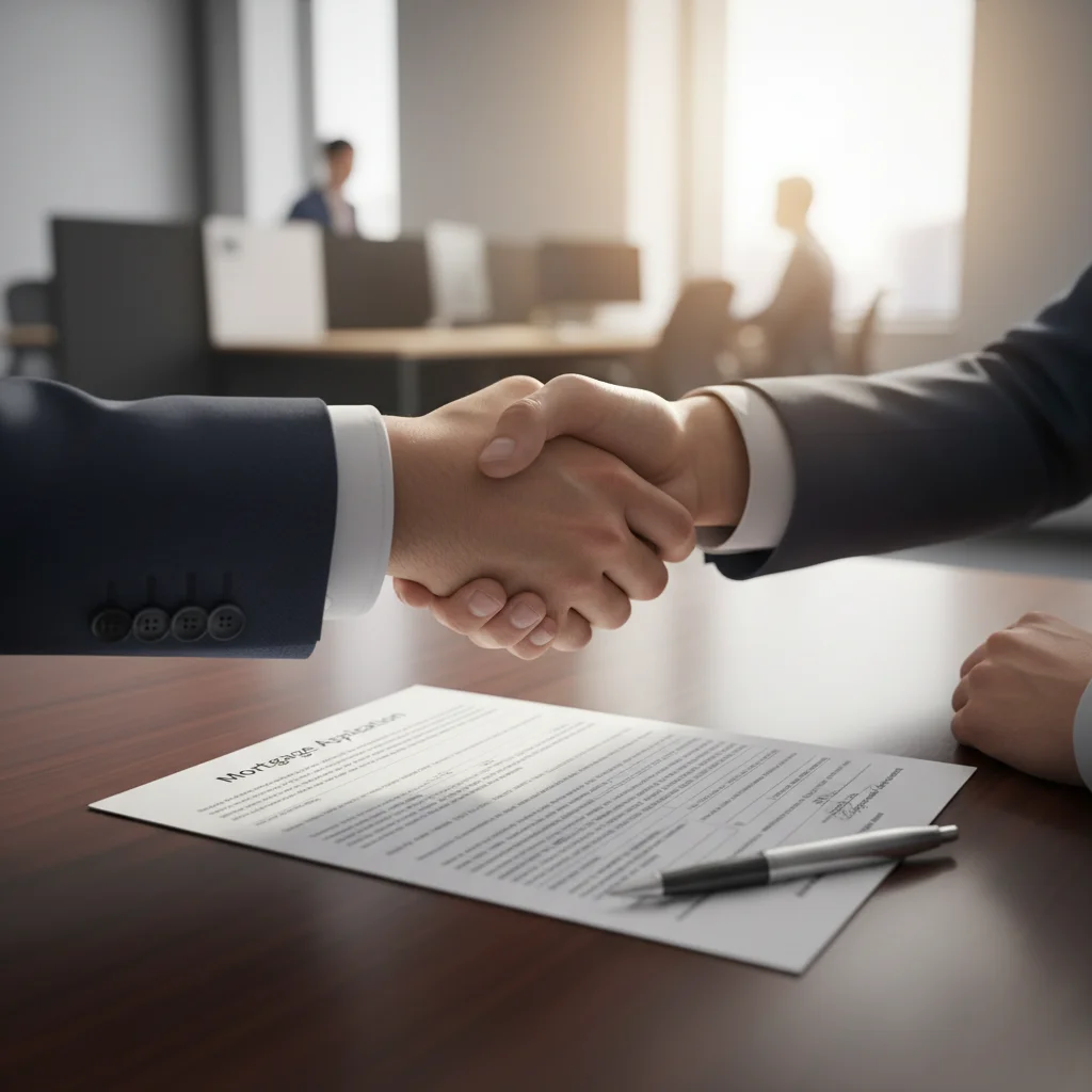 Hands shaking over mortgage application, symbolizing agreement