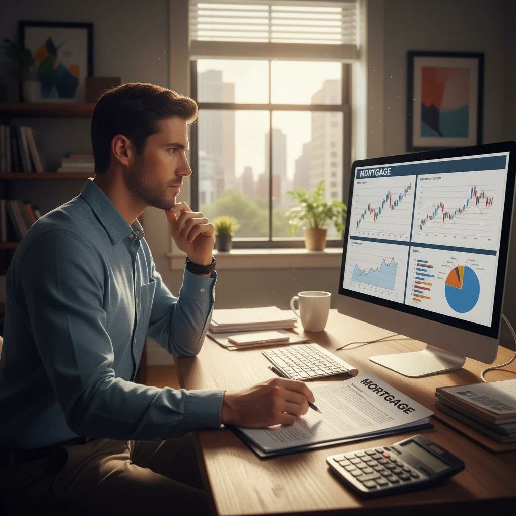 Person reviewing mortgage documents and financial charts on a computer