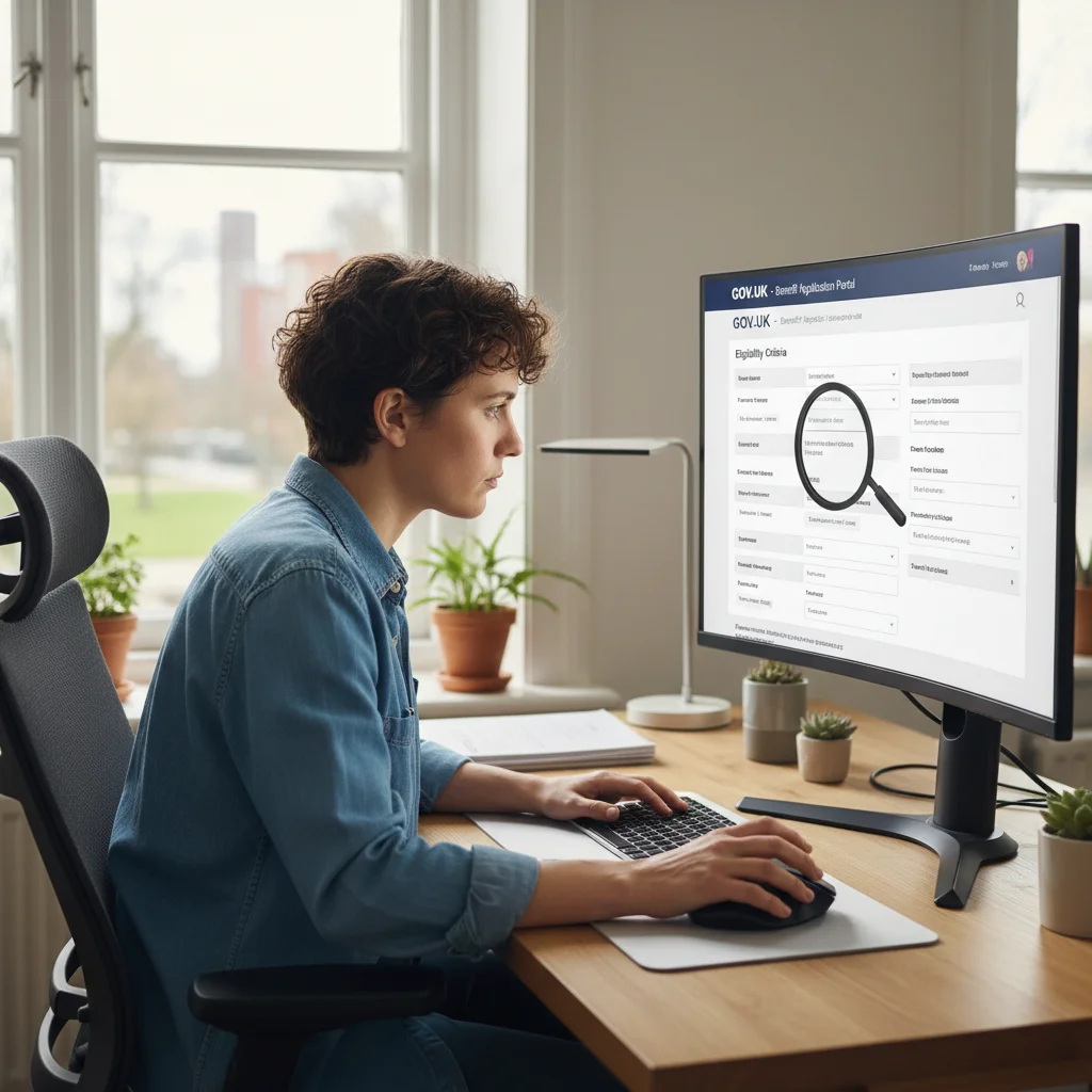 Individual navigating online government portals for benefit application and information.