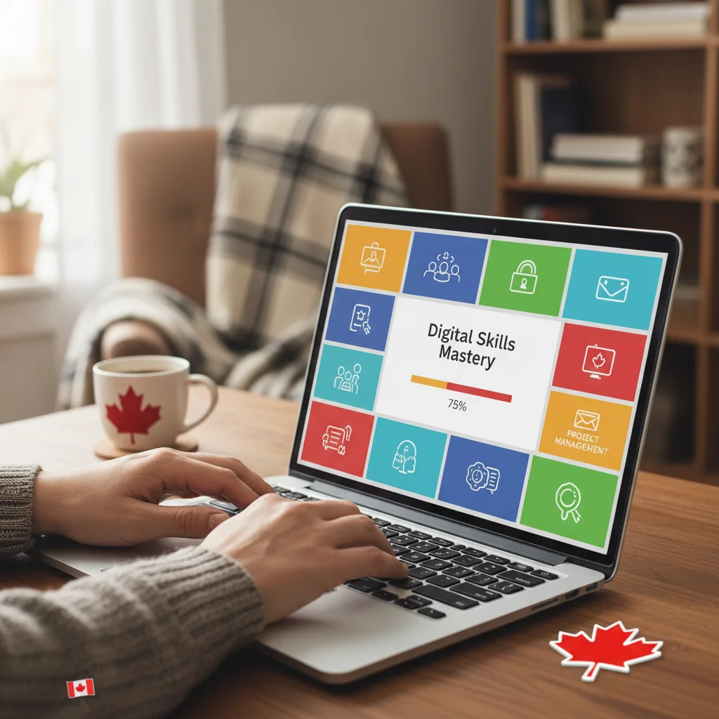 Canadian professional engaging in online micro-credential learning, highlighting flexibility.
