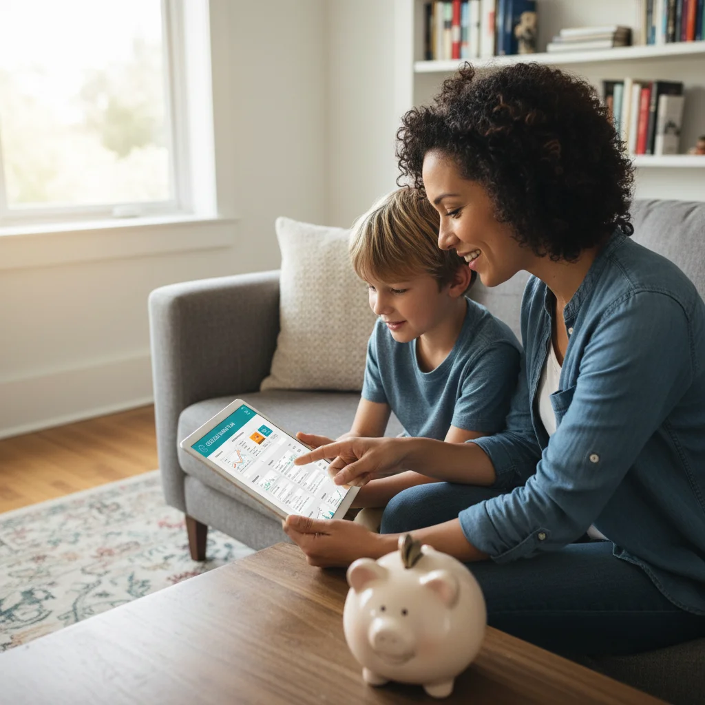 Parent and child reviewing Canada Learning Bond application on a tablet.