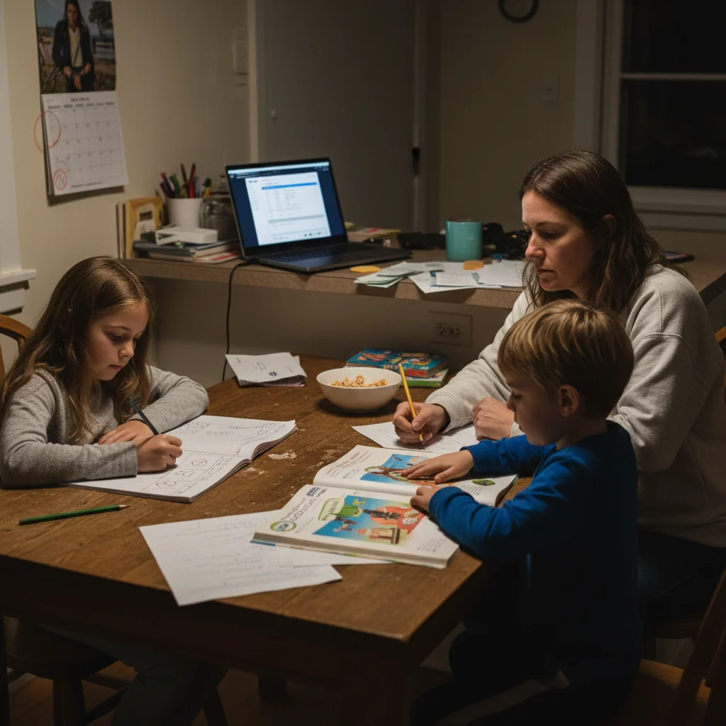 Parent assisting two children with homework at kitchen table, illustrating family financial needs.