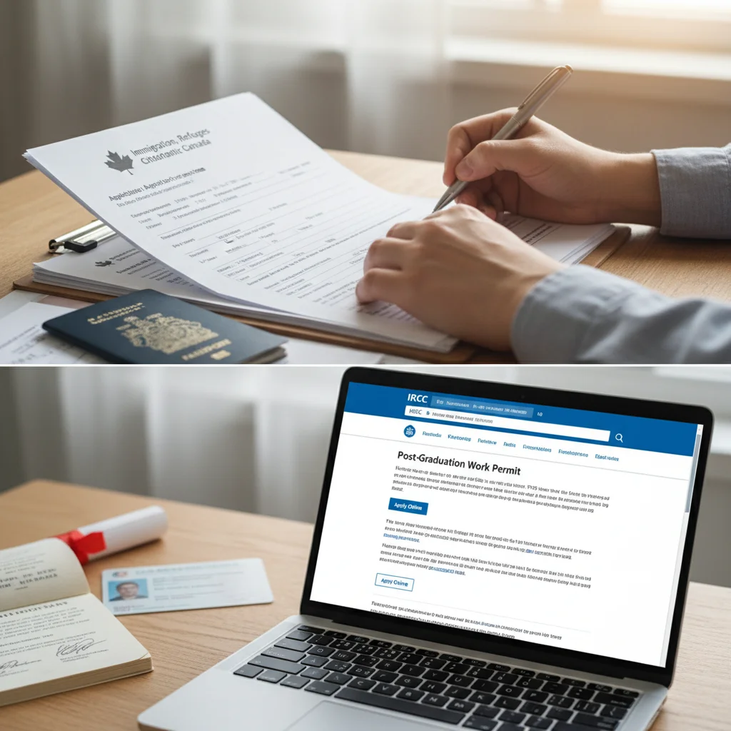 Hands reviewing Canadian immigration documents and IRCC website for PGWP application