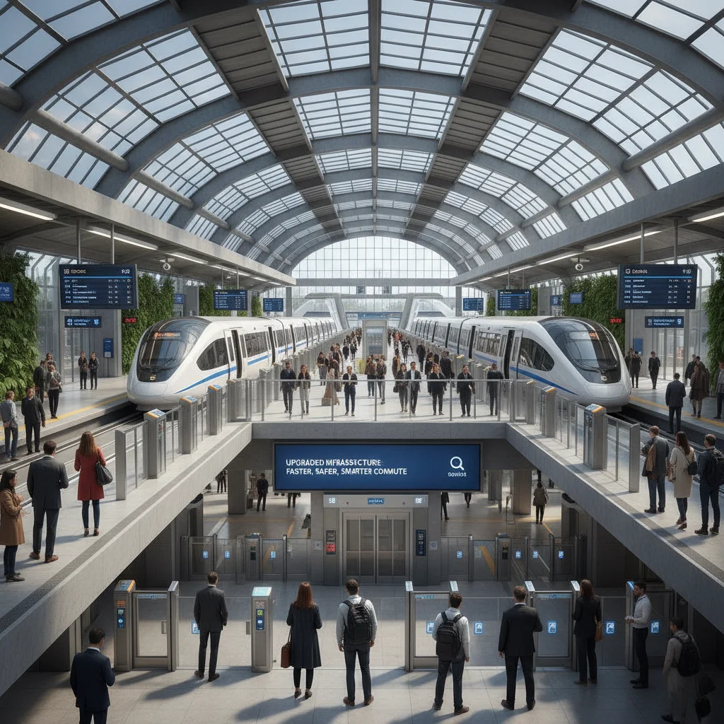 Modern train station with commuters, showcasing public transit infrastructure