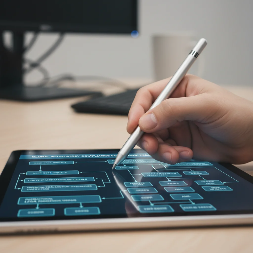 Hand with stylus on tablet showing regulatory compliance flowchart for streaming services.