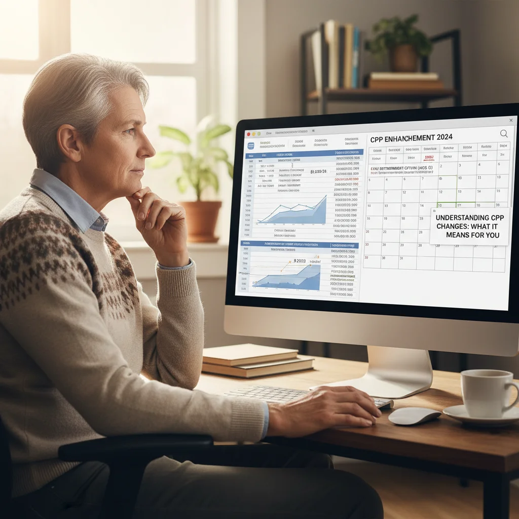 Individual planning retirement finances, considering Canada Pension Plan changes on a computer screen.