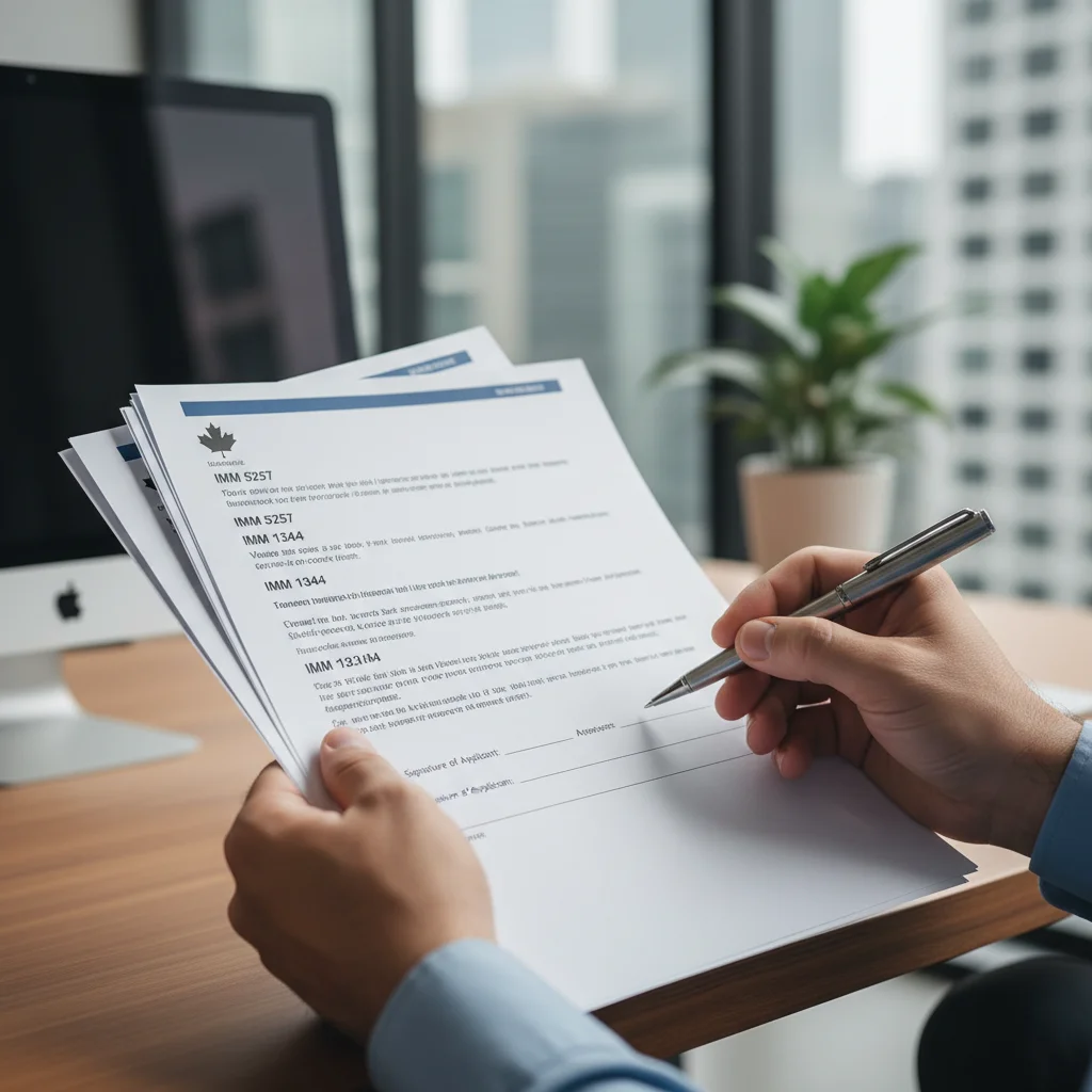 Hands reviewing Canadian immigration application documents