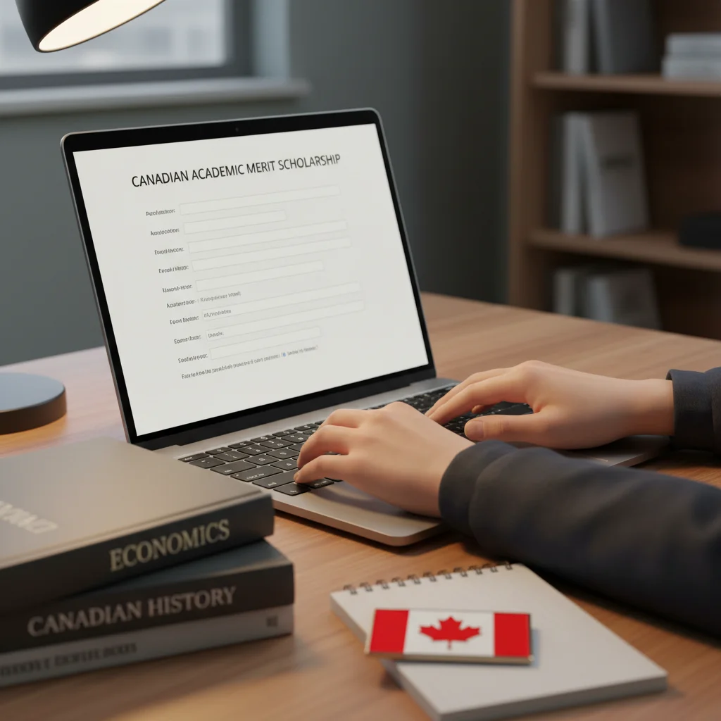 Student actively filling out a scholarship application form on a laptop.