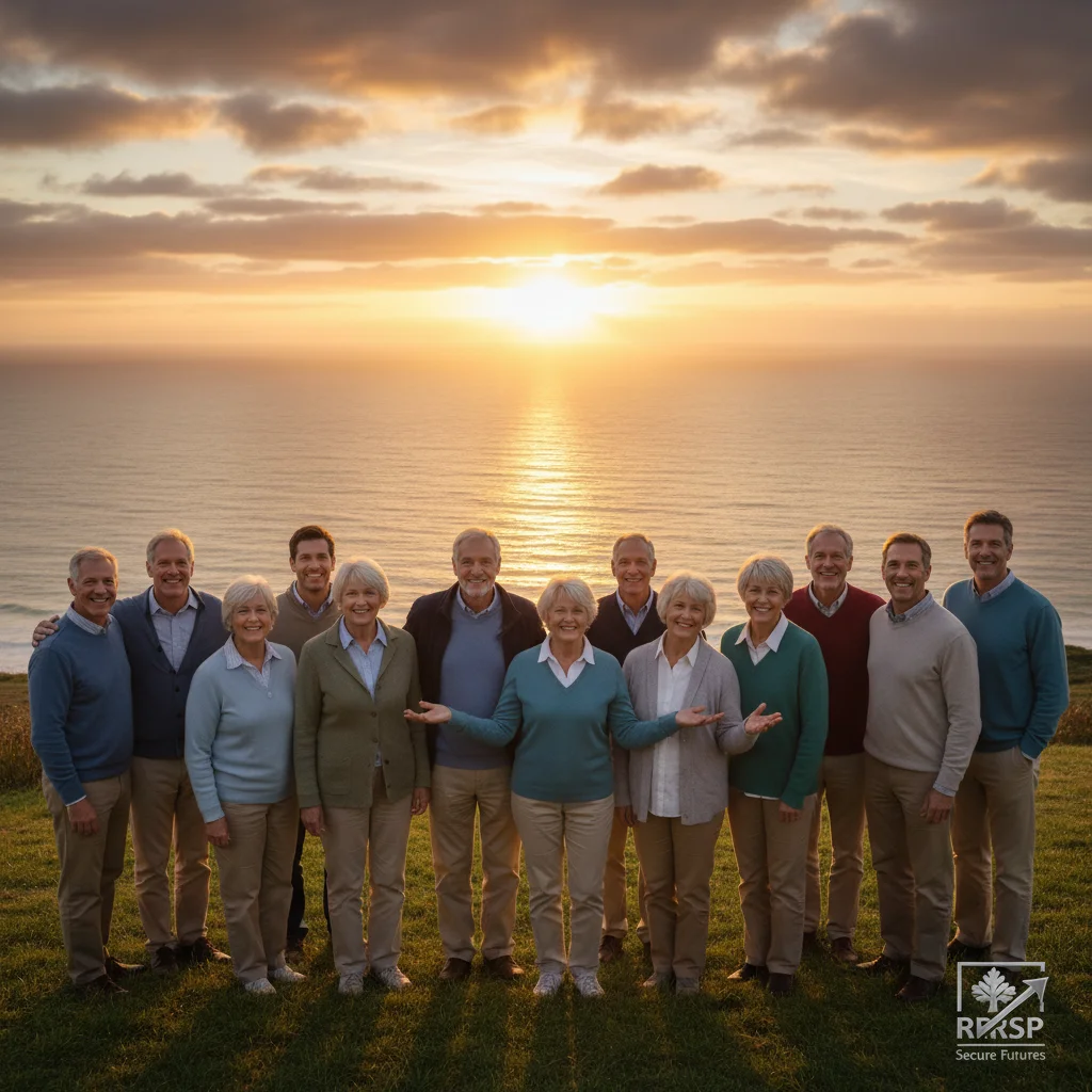 Diverse group smiling, symbolizing secure retirement with RRSP.