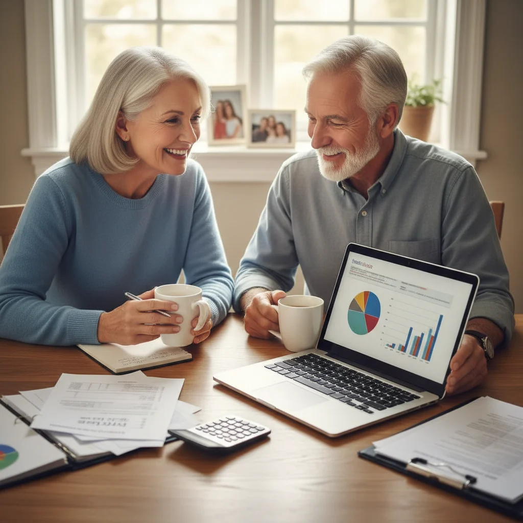 Happy senior couple reviewing financial documents, understanding their OAS benefits