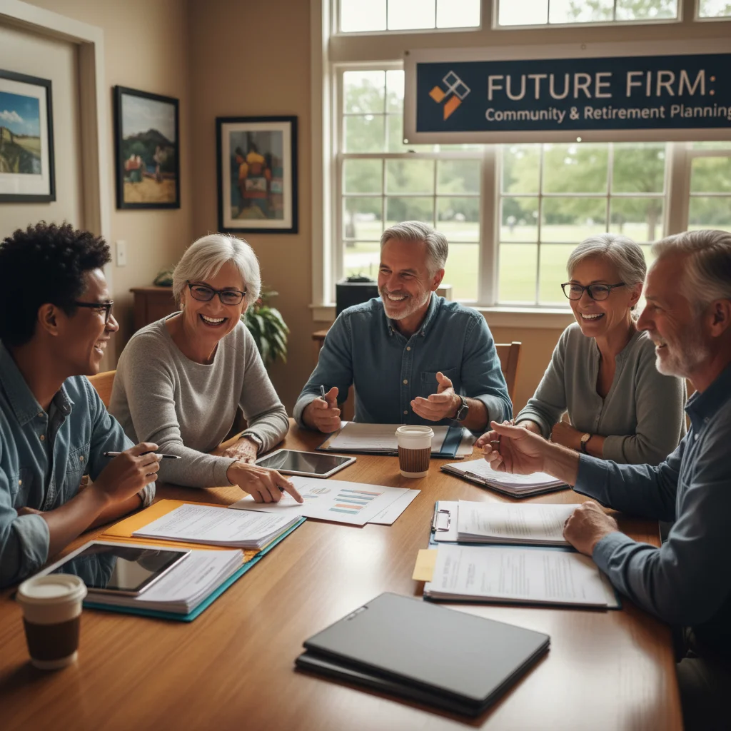 Diverse group of seniors discussing retirement plans and documents around a table.