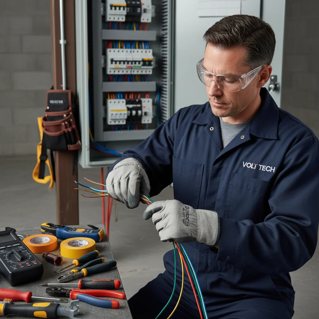 Electrician carefully working on wiring in a Canadian commercial building.