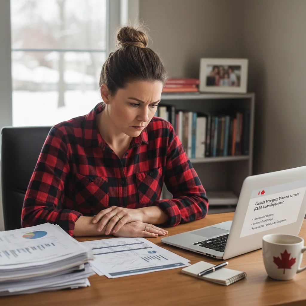 Small business owner reviews CEBA loan documents and financial statements at their desk.