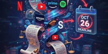 Illustration of streaming platform logos and legal documents, indicating new regulations and compliance deadlines for online streaming platforms.