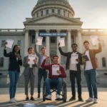 Students celebrating student loan forgiveness outside a government building.