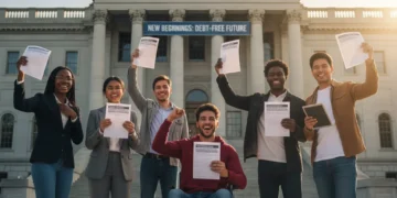 Students celebrating student loan forgiveness outside a government building.