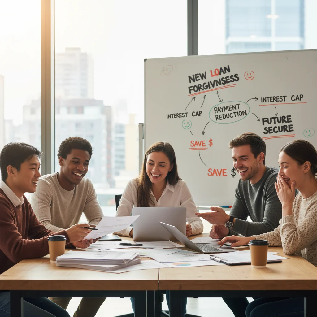 Group of young adults discussing new student loan policies
