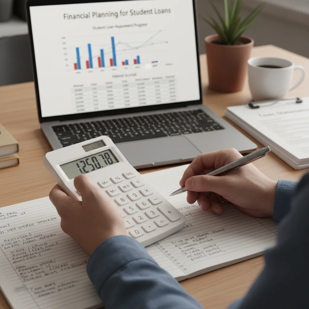 Person calculating student loan payments on a calculator with financial documents