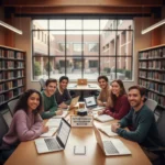 Students smiling, studying, and looking hopeful with textbooks and laptops, representing successful Canada Student Grant access.