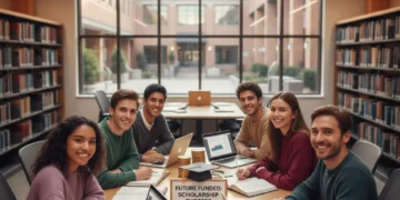 Students smiling, studying, and looking hopeful with textbooks and laptops, representing successful Canada Student Grant access.