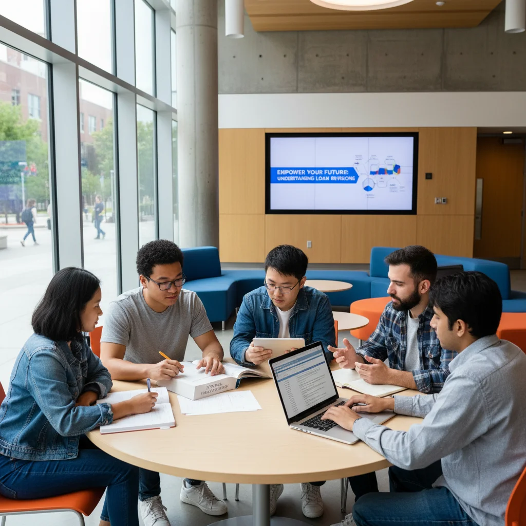 Diverse students discussing finances in a university setting, reflecting future planning