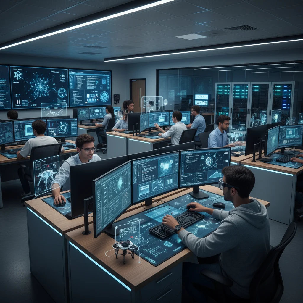 University students apply AI tools and software in a modern, technology-equipped lab.