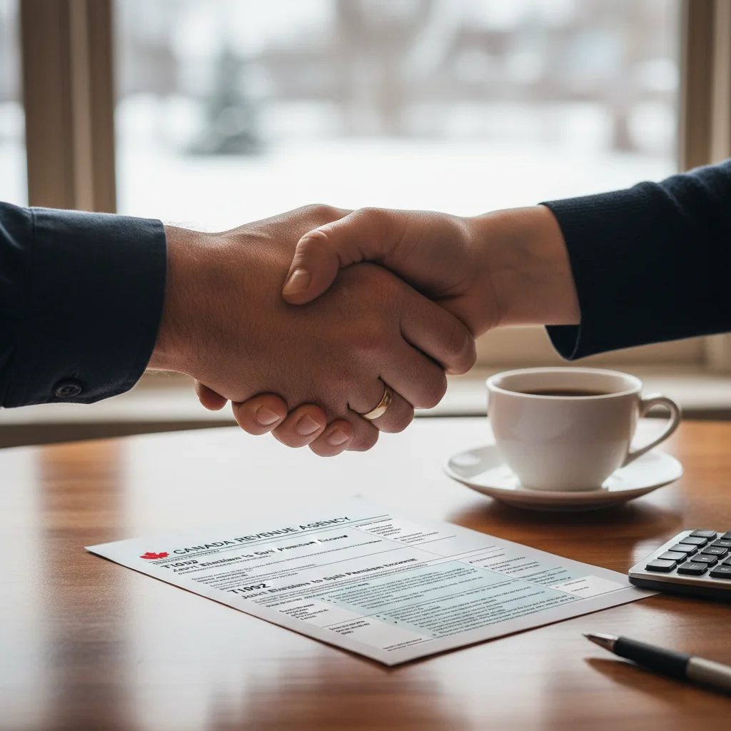 Hands shaking over Canadian tax forms, representing successful pension splitting agreement.