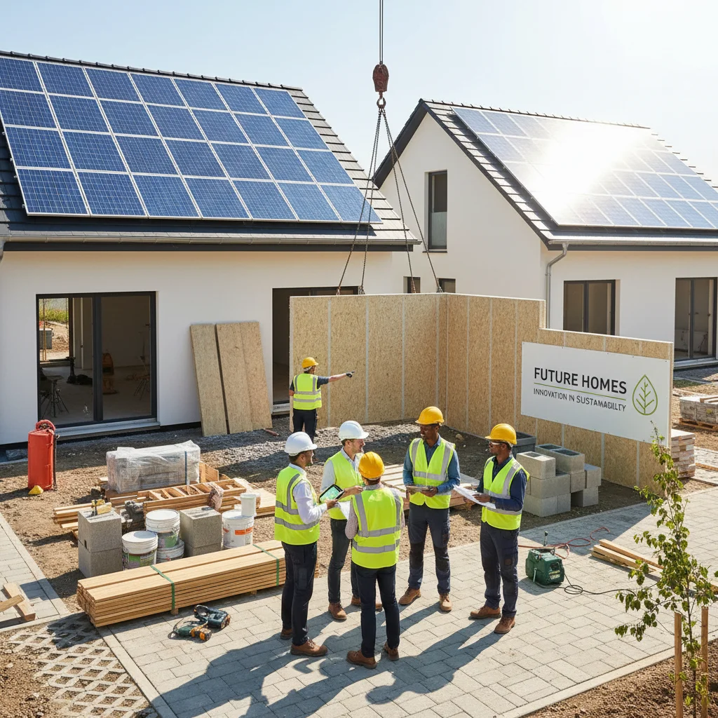 Construction workers and architects collaborating on a sustainable housing project, highlighting innovative building practices.