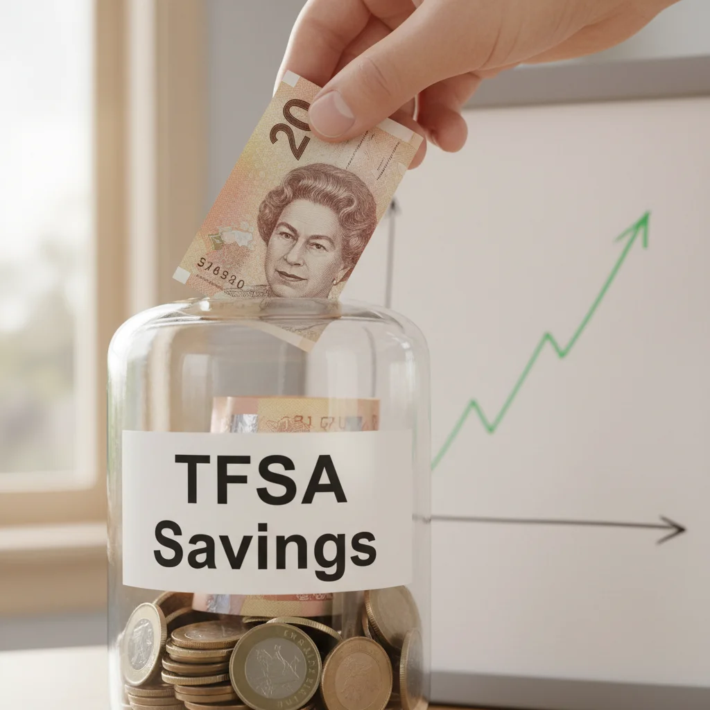 Twenty-dollar bill going into TFSA piggy bank with growth chart