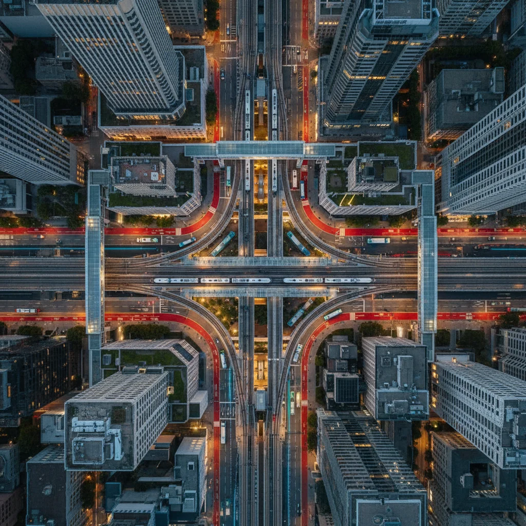 Overhead view of an integrated urban public transportation network.