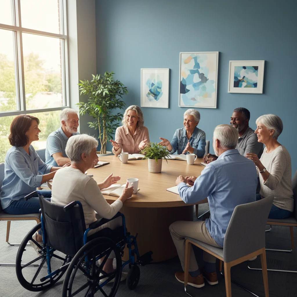 Veterans and families in group discussion at community centre