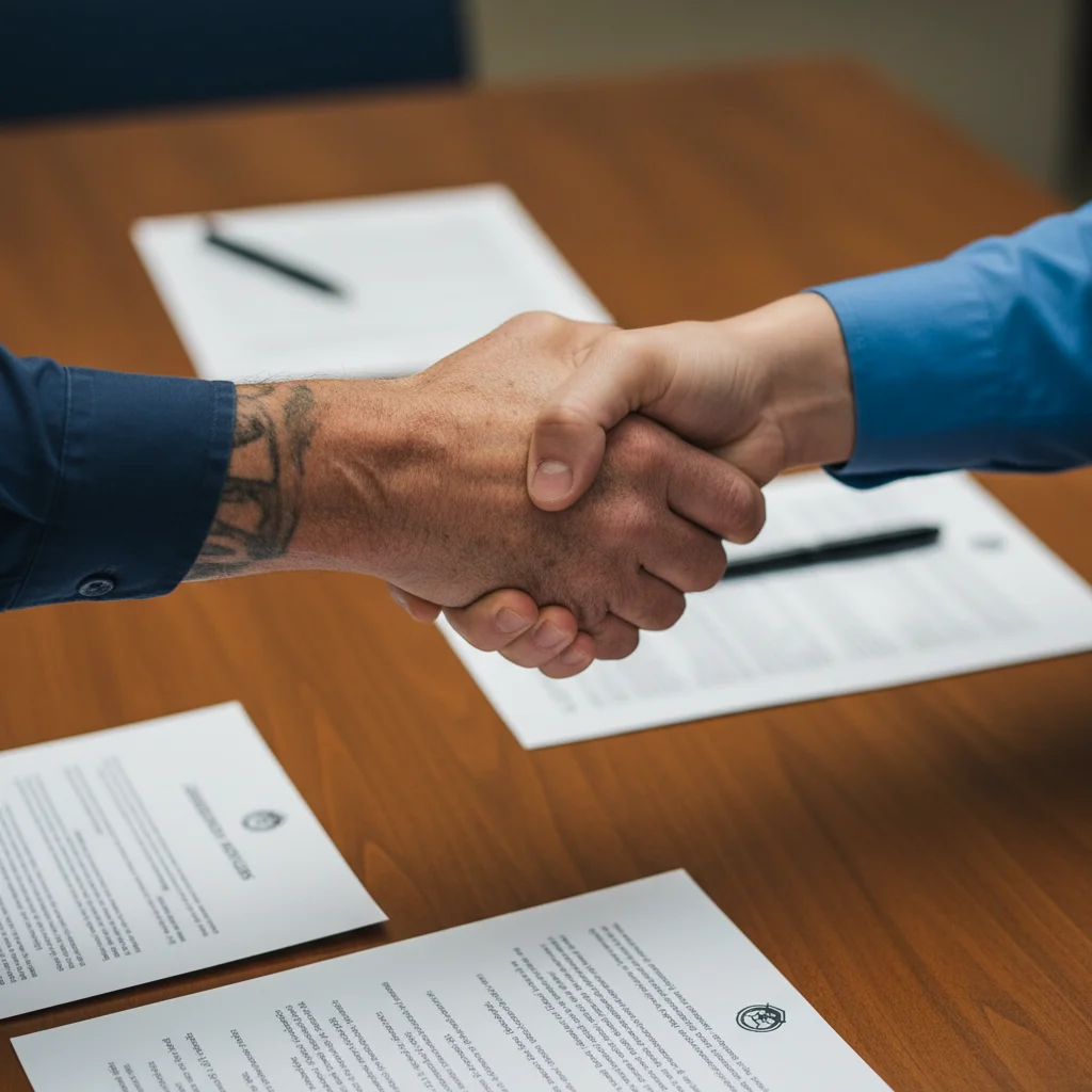 Veteran and support worker shaking hands over documents
