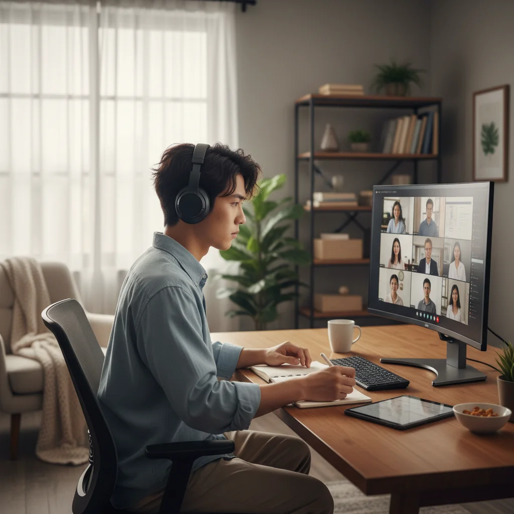 Student engaged in a virtual classroom session from home